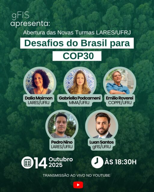 Abertura das Novas Turmas LARES/UFRJ 

É com muito orgulho e entusiasmo que o LARES/UFRJ convida você para um momento especial: a Aula Inaugural que marca o início de novas jornadas de aprendizado e transformação! 💫

📚 Novas turmas abertas:
47ª Responsabilidade Social e Terceiro Setor
29ª Economia e Gestão da Sustentabilidade
1ª Direito do Terceiro Setor e das Fundações

O tema da noite será “Desafios do Brasil na COP30”, um convite à reflexão sobre o papel do Brasil no futuro sustentável do planeta, contando com a participação do coordenador do gFIS, o Prof. Dr. Luan Santos. 🌿

🗓 Data: 14 de outubro
🕠 Horário: 18h30
🎥 Transmissão ao vivo:
 🔗 YouTube: https://youtube.com/live/X0jB7lyQJuQ?feature=share
 🔗 Zoom: https://us06web.zoom.us/j/83248114804

👉 Não perca essa oportunidade de aprender, se inspirar e fazer parte de uma rede que acredita na mudança!

 🫶 Esperamos você online!

📲 Saiba mais em @lares.ufrj ou acesse o site: www.lares.ie.ufrj.br

#cop30 #ufrj #financasustentavel #inovaçãosustentável #ods #gfis #esg